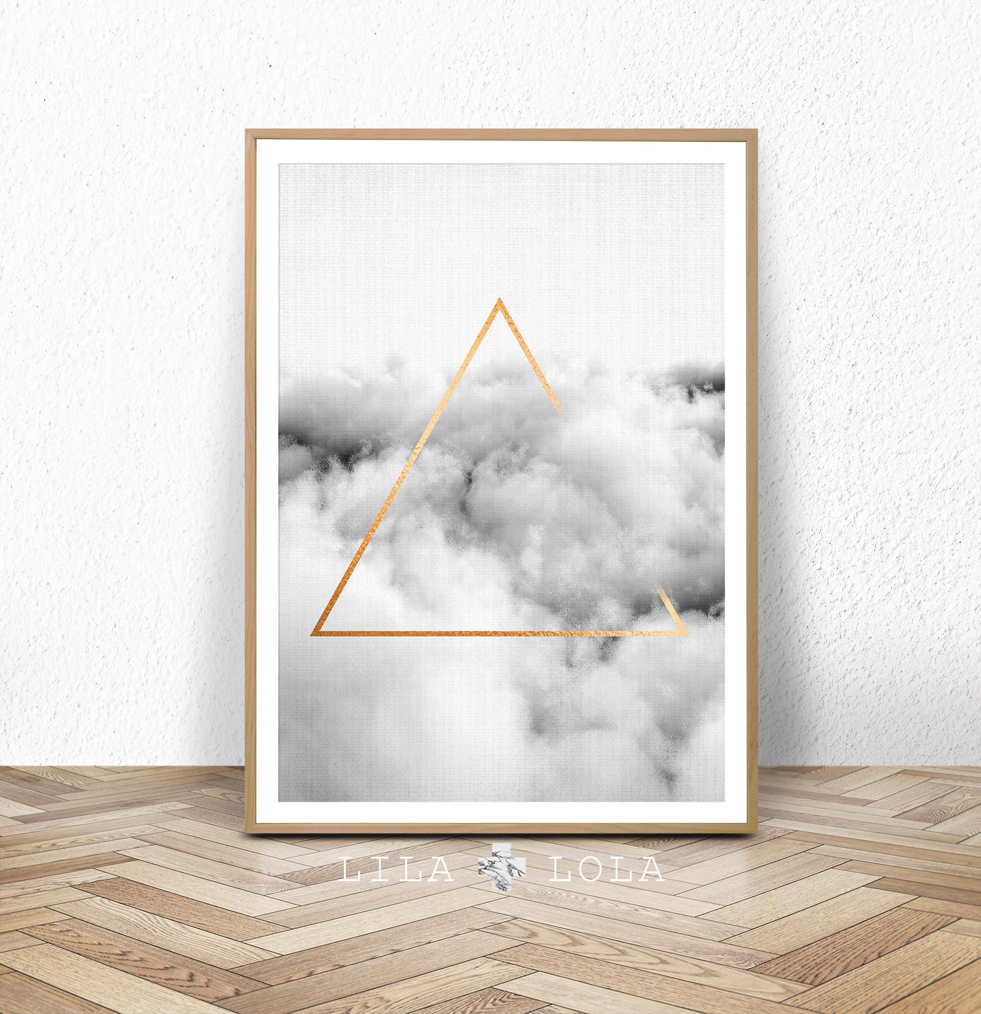 Geometric cloud print black and white printable poster large abstract prints gold triangle digital download minimalist wall art decor