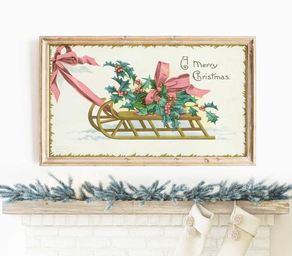 Retro frame tv art Christmas frame TV Art Sleigh art for Frame TV, Pink Vintage Card, Sleigh and Holly, Holiday Home Decor