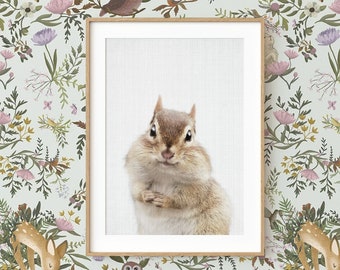Chipmunk Wall Art Print ~ Woodland Animal Nursery Decor ~ Printable Digital Download ~ Grey background