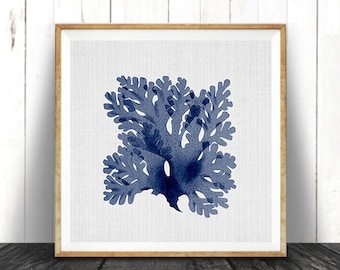 Seaweed Illustration, Navy Blue Square Coral Print, Coastal Decor, Beach Nautical, Printable Digital Download, Sea Pulp, Ocean Plant Life