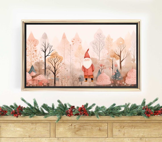 Samsung frame tv art Christmas, frame TV art Santa, frame tv art Pink, Christmas boho decor, Santa and Forest