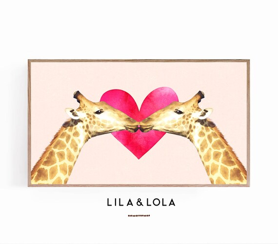 Frame TV Art Valentines Day Two Giraffes Kissing Pink Love Heart ...
