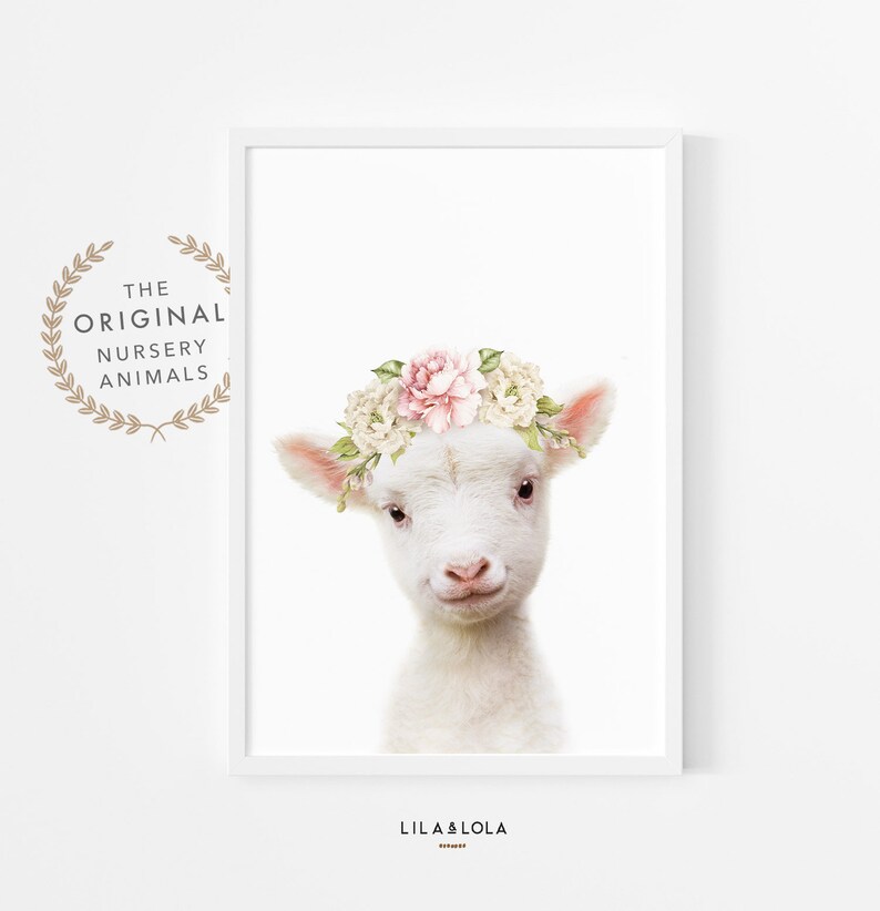 Farm Animal Print ~ Lamb with Floral Crown ~ Girls Nursery Room Decor ~ Printable Digital Download image 1