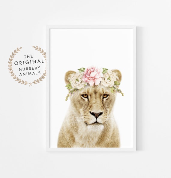 Lioness Wall Art Print with Flower Crown ~ Printable Instant Download ~ Girls Nursery Room Decor ~ Safari Animal Poster