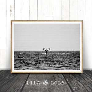 Whale Print, Coastal Decor, Beach Print, Black and White Photography Wall Art, Ocean Water, Tail, Minimalist, Printable Instant Download
