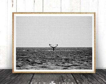 Whale Print, Coastal Decor, Beach Print, Black and White Photography Wall Art, Ocean Water, Tail, Minimalist, Printable Instant Download