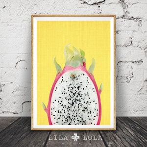 Tropical Fruit Print, Dragon Fruit Wall Art, Printable Large Poster, Digital Download, Kitchen Decor, Pink and Yellow, Modern Minimalist