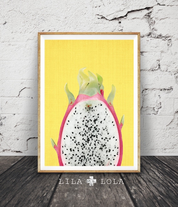 Tropical Fruit Print, Dragon Fruit Wall Art, Printable Large Poster, Digital Download, Kitchen Decor, Pink and Yellow, Modern Minimalist