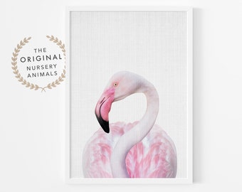 Flamingo Print - Nursery Wall Art ~ Pink and grey printable, over 20 sizes - Tropical animal head photography - Kids bedroom poster