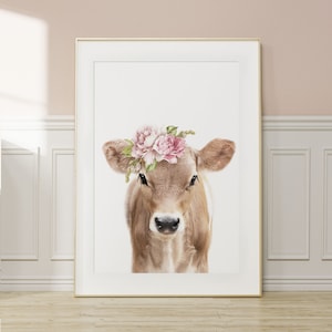 Baby Cow, Calf Wall Art Print ~ Floral Crown ~ Farmhouse Girls Nursery Poster ~ Printable Digital Download