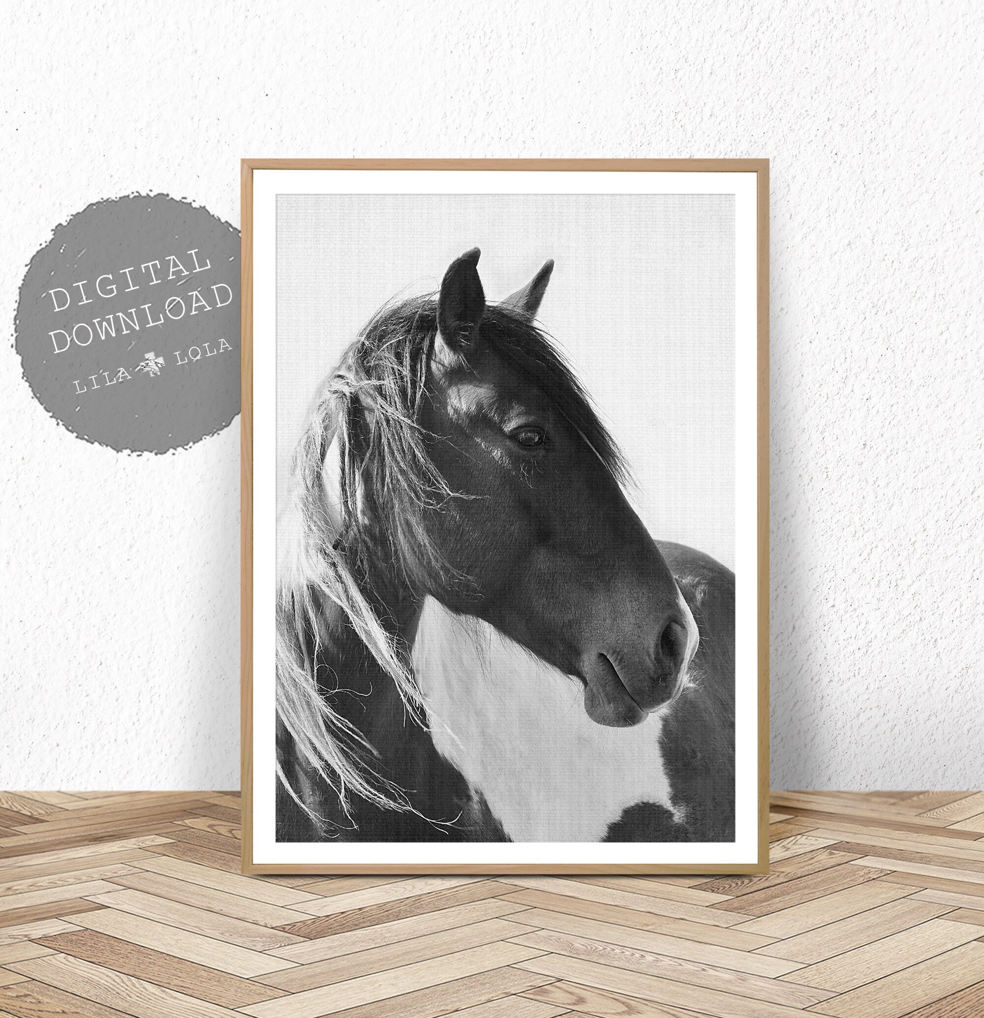 Horse Print, Photography Black and White Wall Art, Digital Download