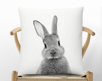 Bunny Rabbit Pillow, Cushion, Nursery Decor, Bunny Print, Kids Room, Childrens Bedroom, Woodlands, Black White and Grey, Gender Neutral Gift