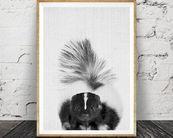 Skunk Print, Woodlands Nursery Wall Art, Printable Animal, Gender Neutral, Instant Digital Download, Black, White Grey Decor, Kids Room Gift