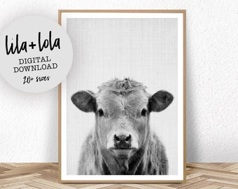 Farmhouse Decor, Cow Print, Printable Wall Art, Farm Animal Poster, Nursery Farm Cow Print, Black and White Digital Art , Digital Download