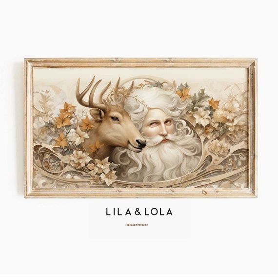 Christmas Frame TV Art ~ Santa and Reindeer in Neutral Tones ~ Traditional Vintage Artwork ~ Digital Download