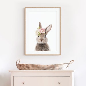 Nursery Wall Art Bunny Print Girls Bedroom Decor Rabbit with Floral Crown Printed and Shipped image 5