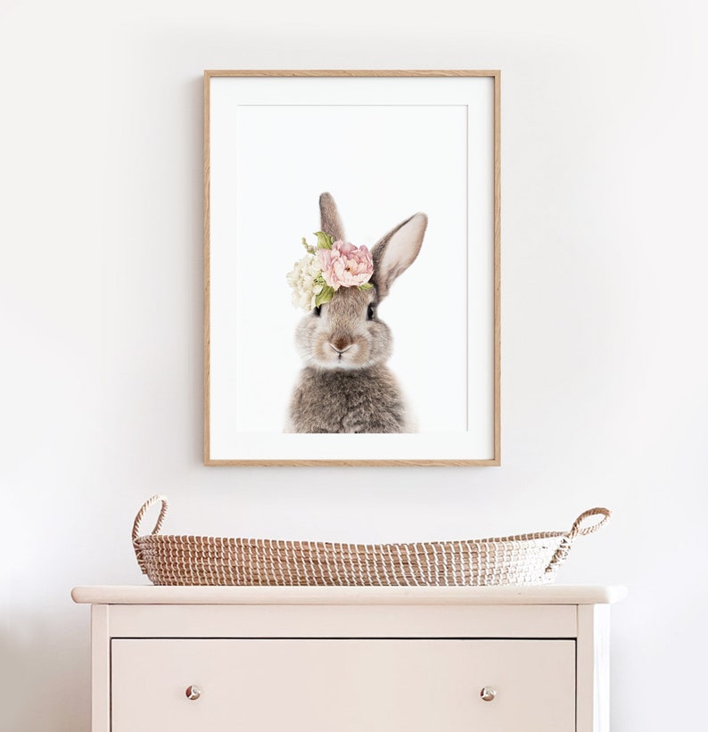 Nursery Wall Art Bunny Print Girls Bedroom Decor Rabbit with Floral Crown Printed and Shipped image 5