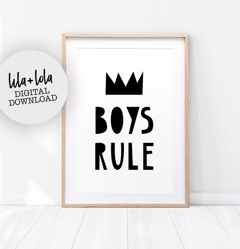 Boys Rule Print, Nursery Decor, Scandinavian Kids, Printable Wall Art, Black and White, Modern Quote, Playroom Poster image 1