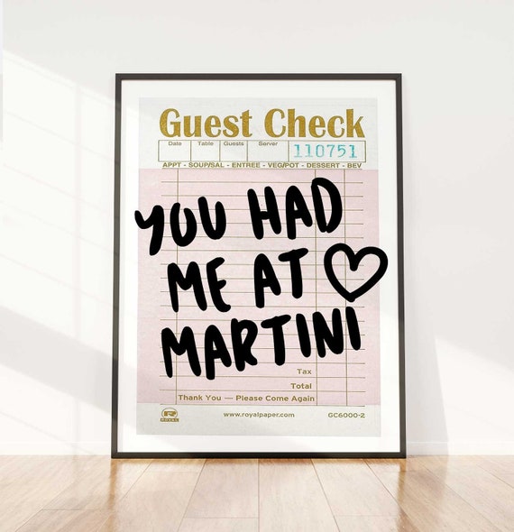 Guest check print, bar cart art martini poster, guest check wall art, bar wall decor, printable wall art, digital art, preppy trendy retro