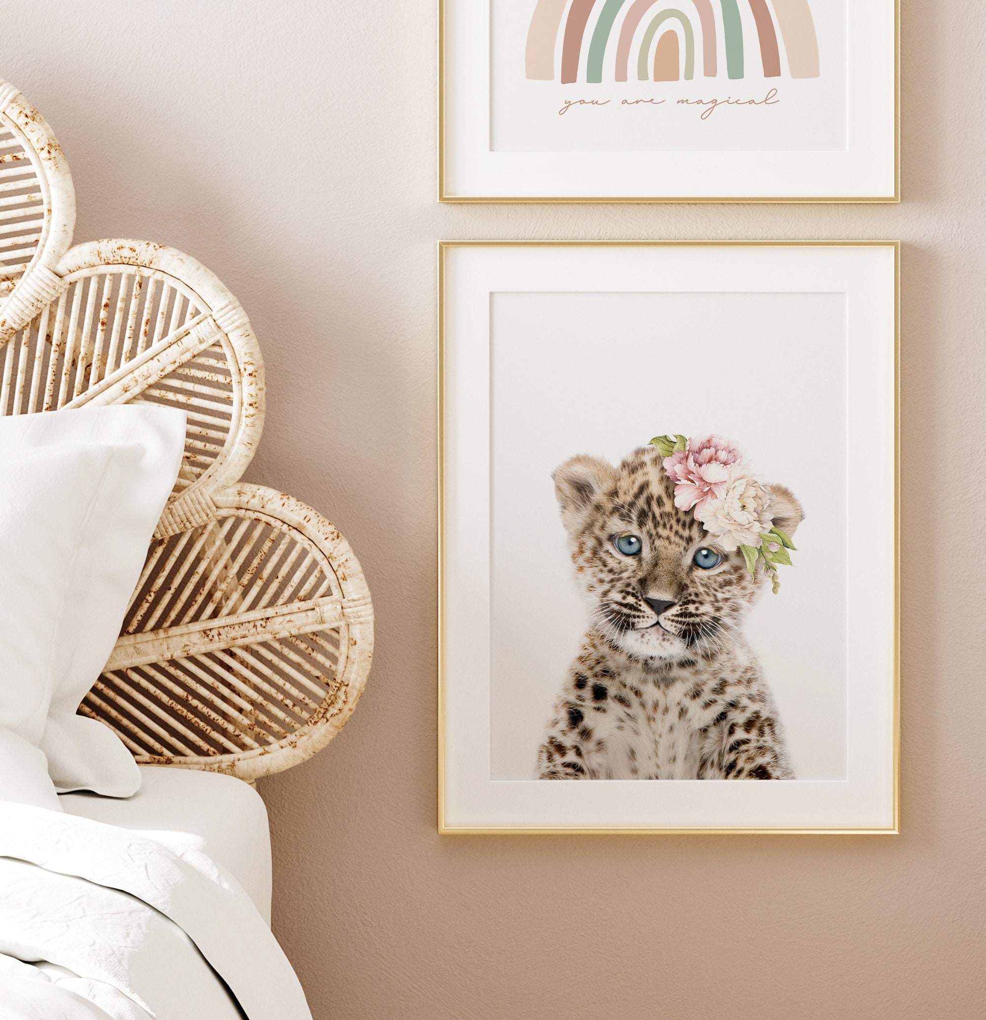 Baby Leopard Wall Art Print With Floral Crown ~ Girls Bedroom
