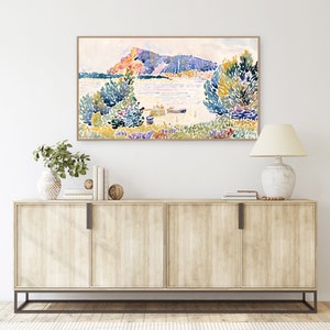 May include: A watercolor painting of a landscape with a mountain in the background, a lake in the foreground, and trees on either side of the lake. The painting is done in shades of blue, green, yellow, and pink.