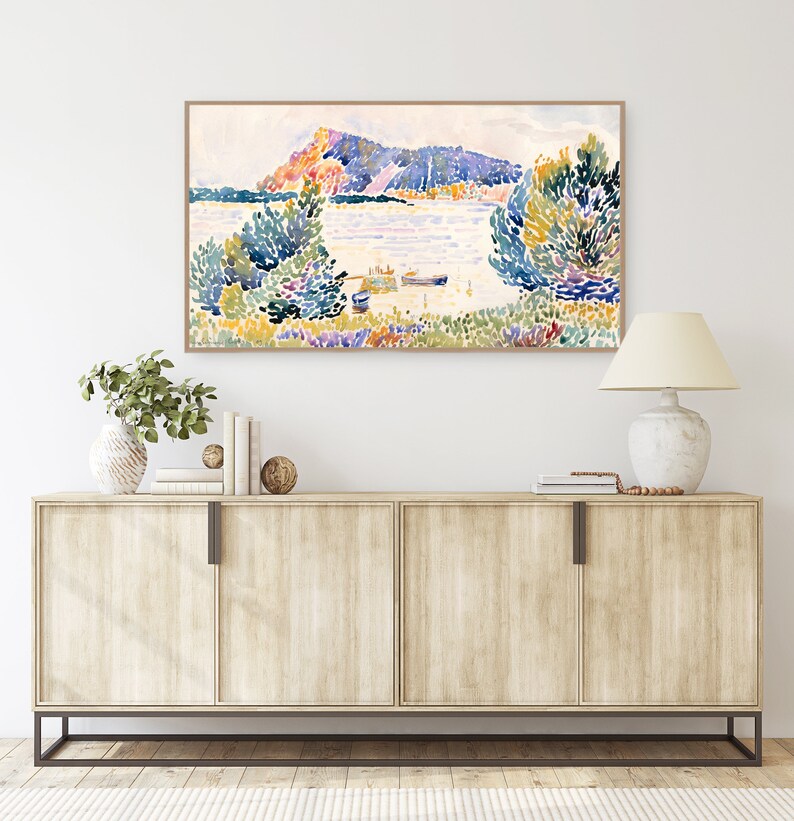 May include: A watercolor painting of a landscape with a mountain in the background, a lake in the foreground, and trees on either side of the lake. The painting is done in shades of blue, green, yellow, and pink.