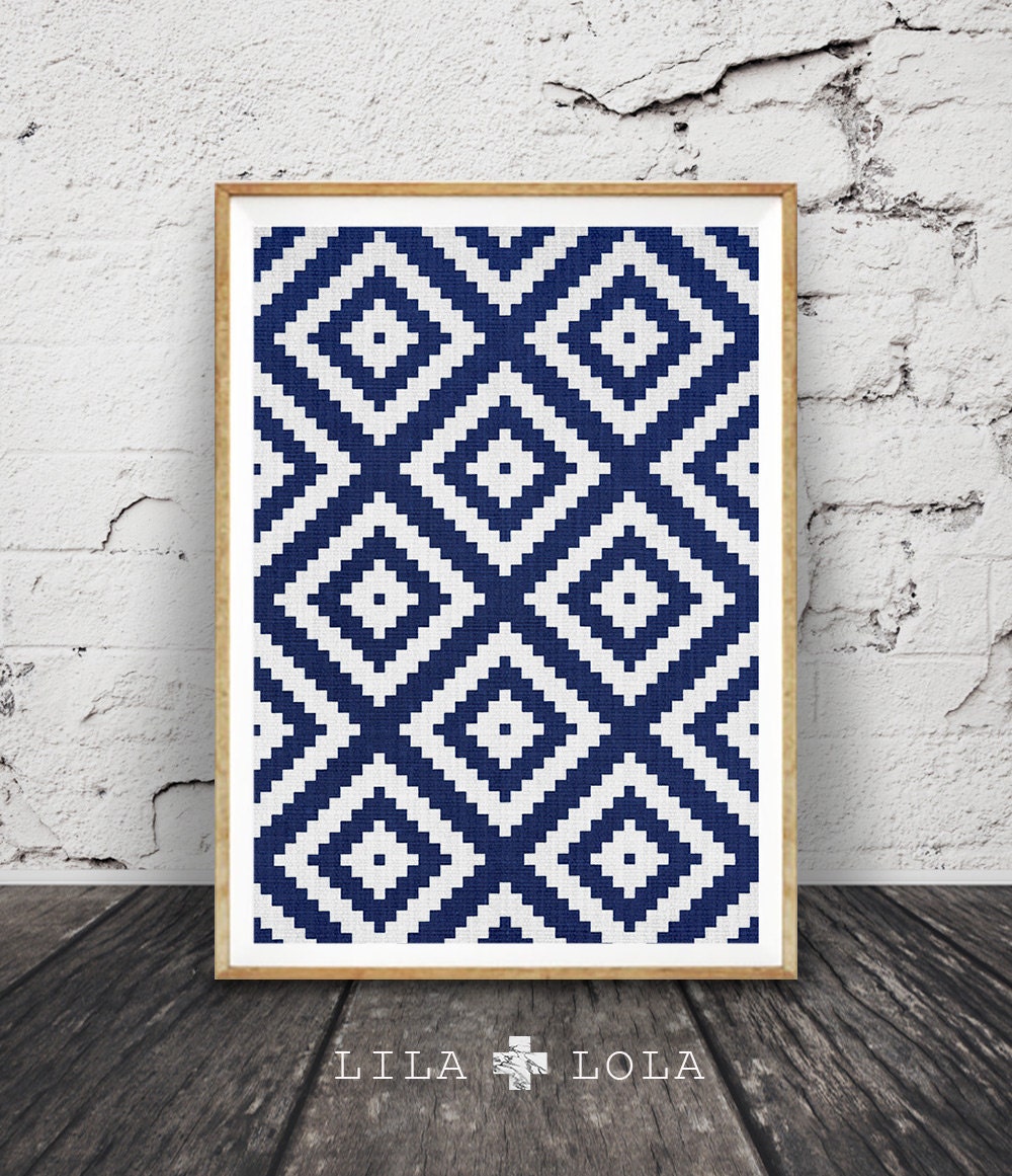 Aztec Pattern Print Navy Blue Wall Art Storm South