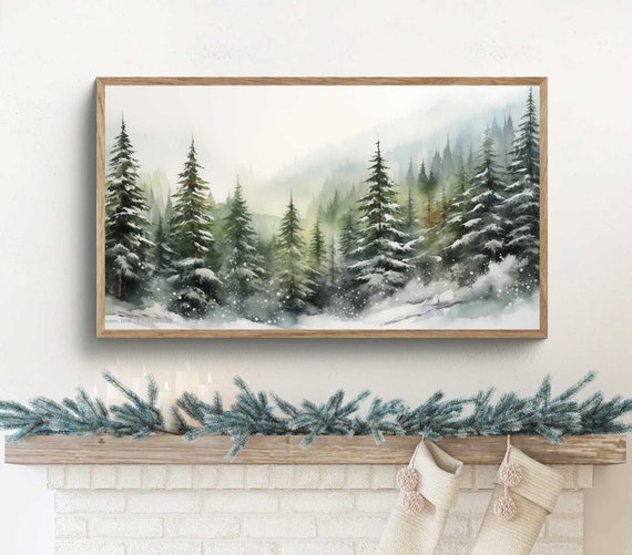 Samsung Frame TV Art Winter ~ Pine Tree Watercolour Painting ~ Christmas Holiday Decor ~ Snowy Winter Landscape ~ Instant Digital Download