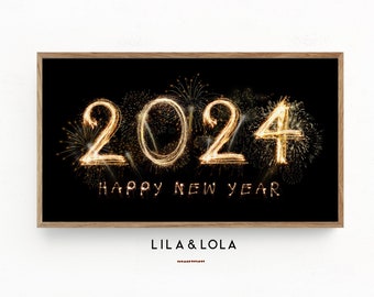 New Years Frame TV art, for Samsung Frame TV,  New Years Art Fireworks and Gold Sparkles, Modern, 2024