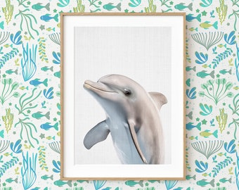 Delphin Wand Kunst ~ druckbares Poster Baby Tier ~ Ozean Sea Life ~ Strand Motiv Dekor ~ grauer Hintergrund