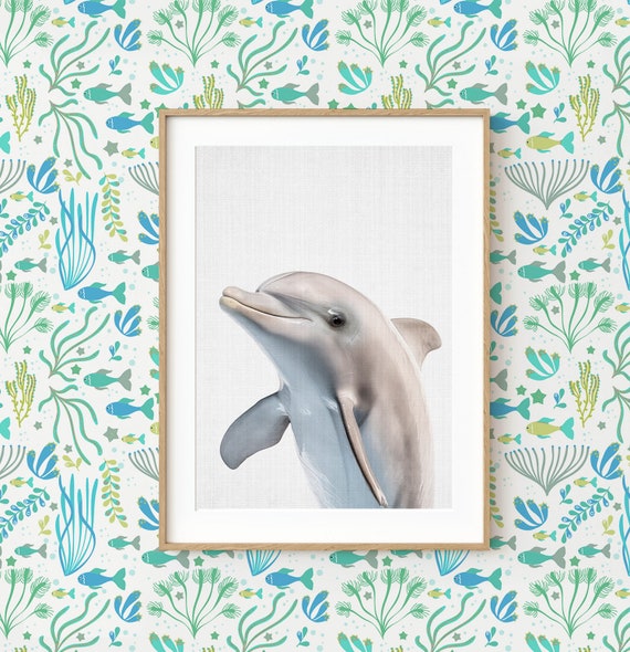 Dolphin Wall Art Print ~ Printable Poster ~ Nursery Baby Animal ~ Ocean Sea Life ~ Beach Theme Decor ~ Grey Background