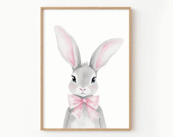 Bunny Nursery Art: Pink Bow, Grey Rabbit Print (Digital Download)