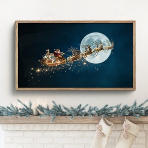 Samsung frame tv art Christmas, frame tv art Santa sleigh and reindeers in night sky, Christmas frame tv art, Classic Santa frame tv art