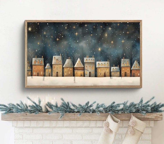 Samsung frame tv art Christmas, frame tv art Winter scene, little village houses, stary night sky, watercolour painting, navy blue and gold