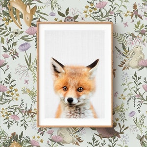 Baby Fox Wall Art Print ~ Woodland Animal Nursery Decor ~ Printable Digital Download ~ Grey Background