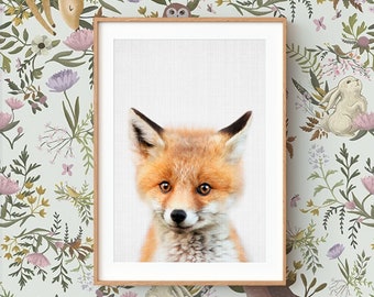 Baby Fox Wall Art Print ~ Woodland Animal Nursery Decor ~ Printable Digital Download ~ Grey Background