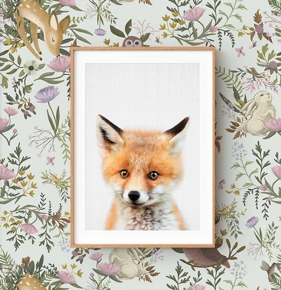 Baby Fox Wall Art Print ~ Woodland Animal Nursery Decor ~ Printable Digital Download ~ Grey Background