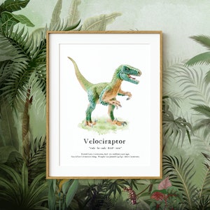 Dinosaur Wall Art Poster Print ~ Velociraptor Watercolor Picture with Fun Facts ~ Digital Download