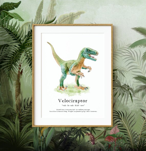 Dinosaur Wall Art Poster Print ~ Velociraptor Watercolor Picture with Fun Facts ~ Digital Download