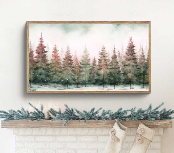 Pink Christmas Frame TV Art Samsung ~ Pine Tree Watercolour Painting ~ Snowy Winter Landscape ~ Instant Digital Download