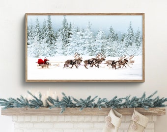 Samsung frame TV art Christmas, frame tv art Santa sleigh, Santa frame TV art, winter frame TV art, reindeer in the and snow pine trees