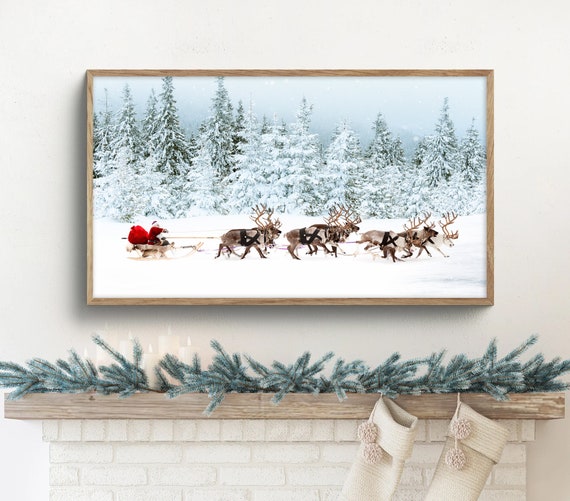 Samsung frame TV art Christmas, frame tv art Santa sleigh, Santa frame TV art, winter frame TV art, reindeer in the and snow pine trees