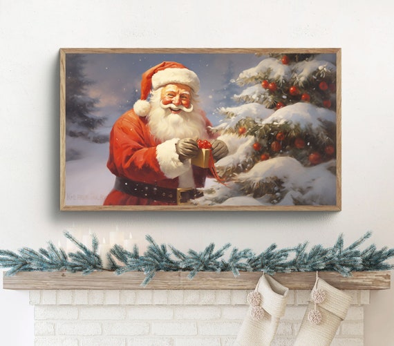 Samsung frame tv art Christmas, frame tv art Santa, frame tv art traditional Christmas, holiday decor, Christmas tree, digital download