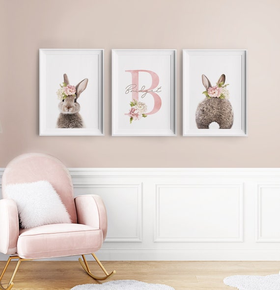 Floral Baby Bunny Name and Letter Print ~ Personalised Initial for Girls Nursery or Bedroom ~ Pink Flowers ~ Set of 3 ~ Printable Download