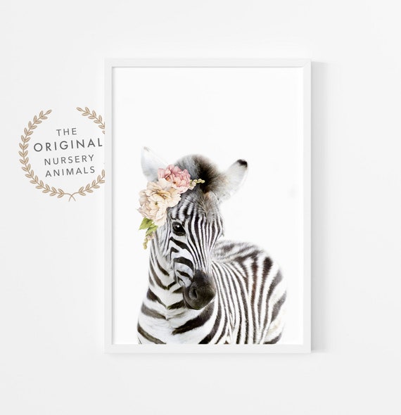 Baby Zebra Wall Art Print ~ Girls Floral Crown Safari Animal for Nursery Room ~ Printable Digital Download Poster