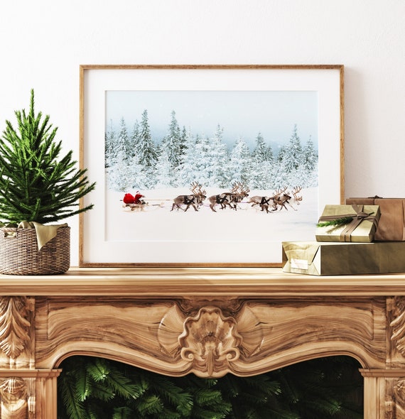 Printable Christmas Wall Art ~ Santa Sleigh and Reindeers Photo ~ Snowy Winter Landscape ~ Printable Digital Download