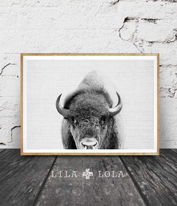 Buffalo Print, Bison Wall Art, Landscape, Horizontal, Nursery Decor Kids Room Poster, Black and White Minimalist, Printable Digital Download