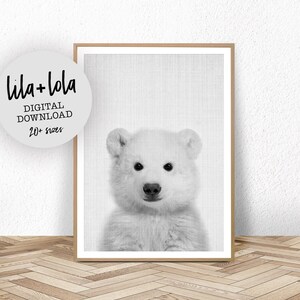 Baby Polar Bear Print, Nursery Animal Wall Art Decor, Black and White Bear Cub, Printable Digital Download Large Poster, Baby Room Art Print