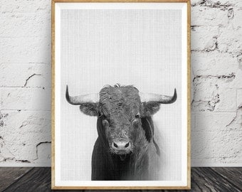 Bull Wall Art Print, Animal de guardería en blanco y negro, Toro de lidia, Toro enojado, Cuernos, Sala para niños, Decoración para niños, Niño, Descarga imprimible