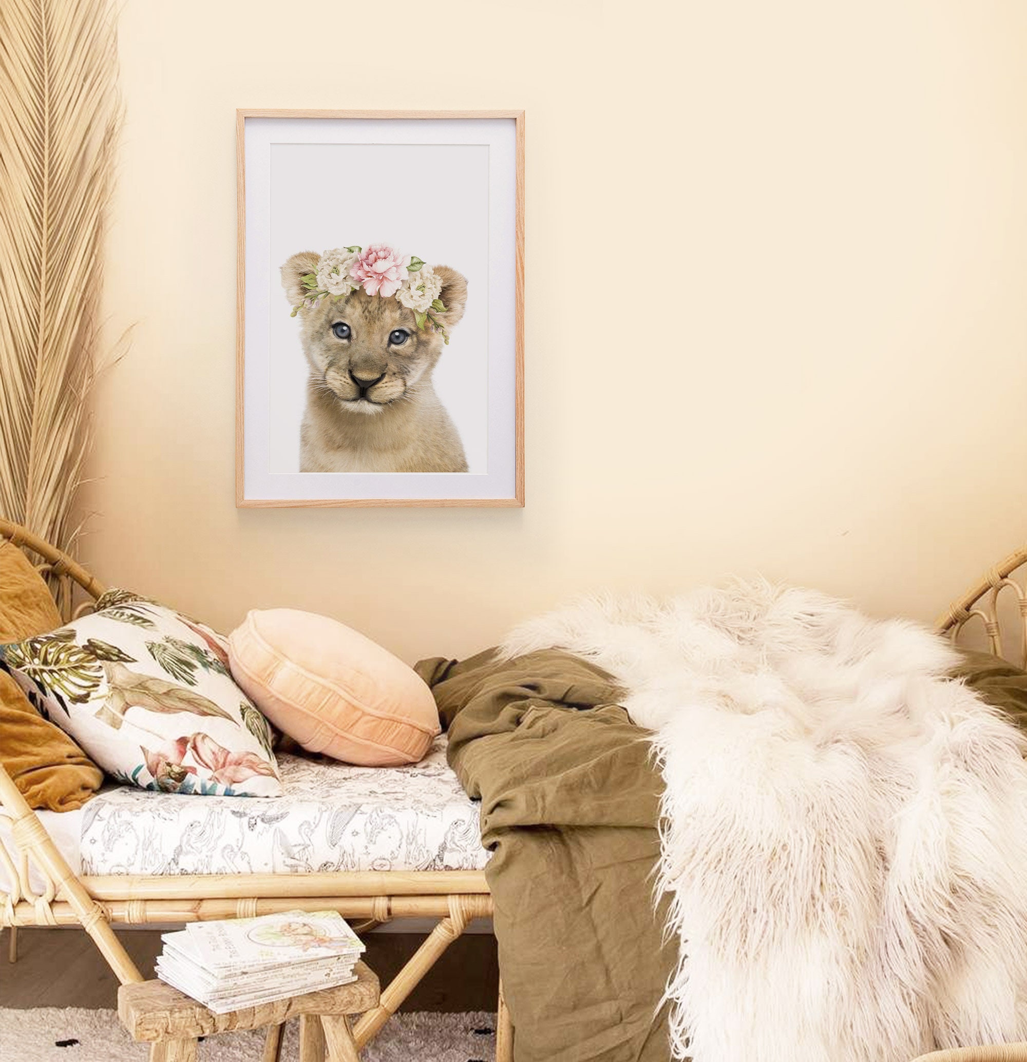 赤ちゃんライオンの赤ちゃんのプリント：花冠、サファリ風子供部屋装飾